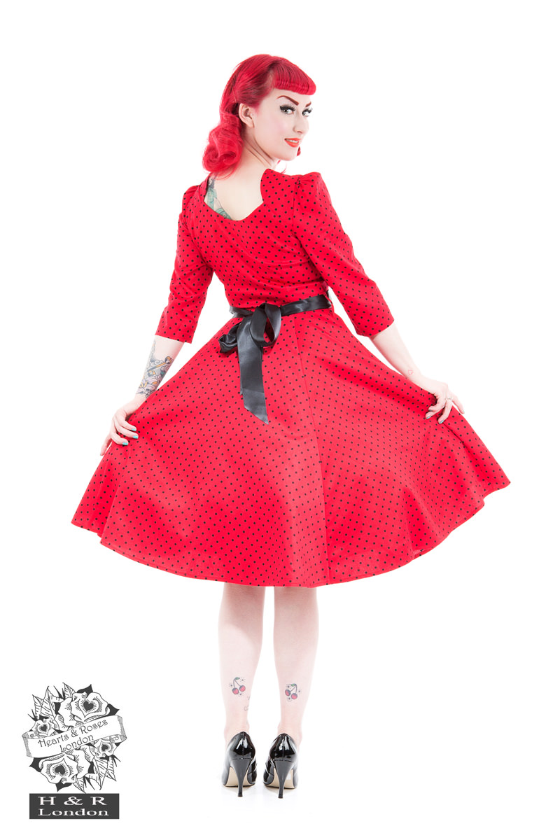 Veronica Red Black Polka Dot 3/4 Sleeves Dress